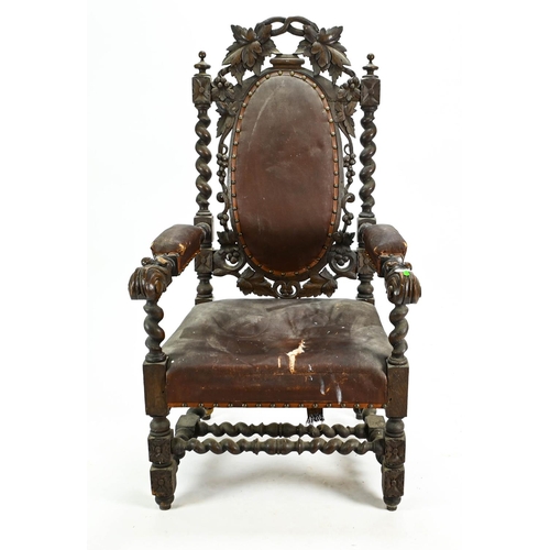 524 - Oak framed Jacobean style chair with carved detail, 67cm by 64cm by 126cm