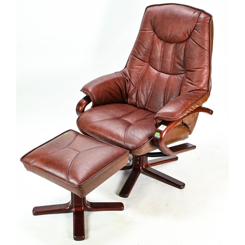 525 - Burgundy leather stressless style armchair 106 cm and foot stool