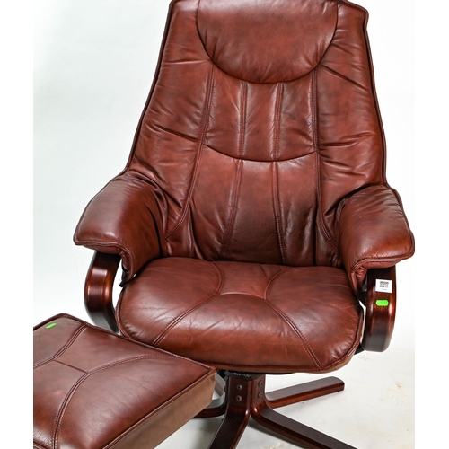 525 - Burgundy leather stressless style armchair 106 cm and foot stool