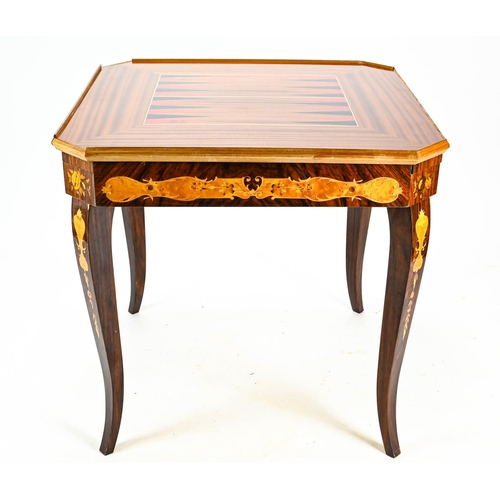 527 - Inlaid games table 77cm by 77cm 76cm