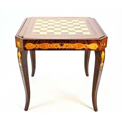 527 - Inlaid games table 77cm by 77cm 76cm