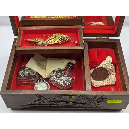 259 - Chinese carved wood jewellery box and contents