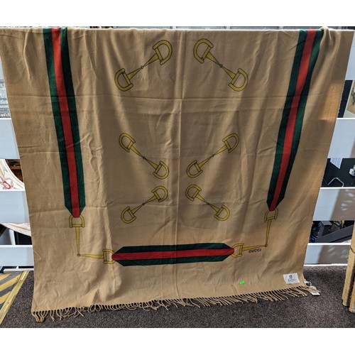 556 - Gucci wool and angora fringed blanket scarf in camel with stirrup and stripe design 185 x 135cm (app... 