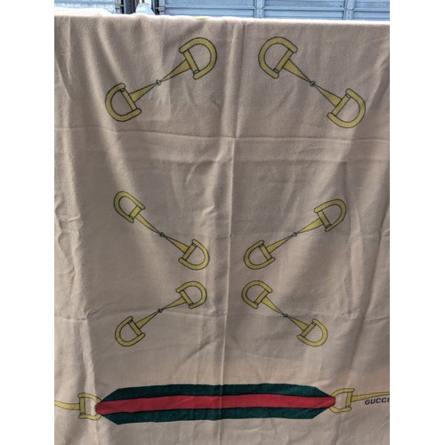 556 - Gucci wool and angora fringed blanket scarf in camel with stirrup and stripe design 185 x 135cm (app... 