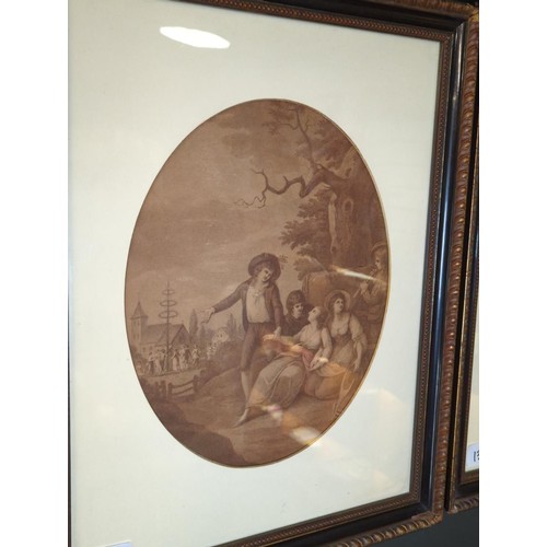 13 - Four mezzotints of pastoral scenes in oval mounts and framed. 36cm x 45cm