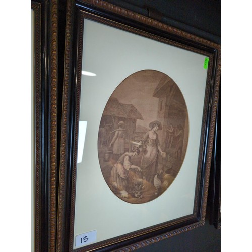 13 - Four mezzotints of pastoral scenes in oval mounts and framed. 36cm x 45cm