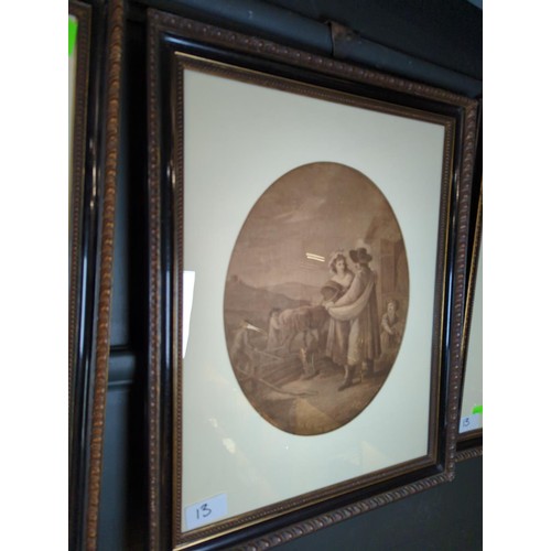 13 - Four mezzotints of pastoral scenes in oval mounts and framed. 36cm x 45cm