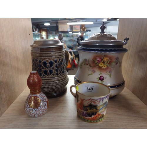 349 - Lidded stein, Carlton Ware biscuit barrel, small gourd vase and an Imari patterned cup with a Sevres... 