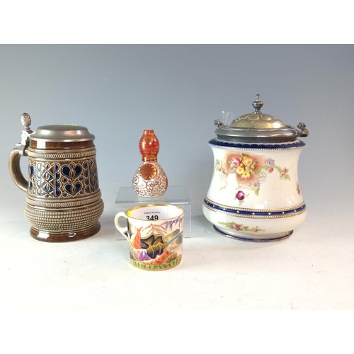 349 - Lidded stein, Carlton Ware biscuit barrel, small gourd vase and an Imari patterned cup with a Sevres... 