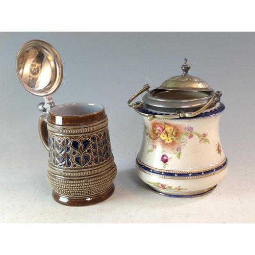 349 - Lidded stein, Carlton Ware biscuit barrel, small gourd vase and an Imari patterned cup with a Sevres... 