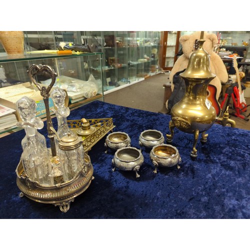 354 - Metal and silver plated ware, inc. cruet set, salts, brass galleried tray with samovar decanter. Hei... 