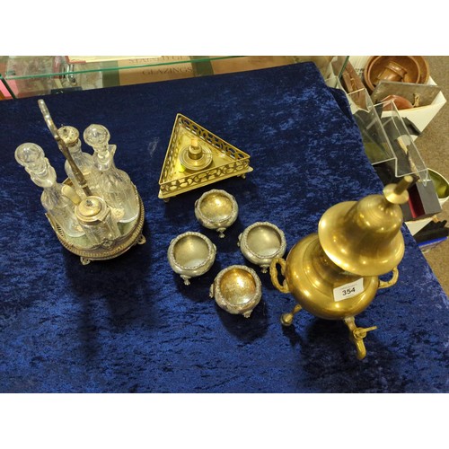 354 - Metal and silver plated ware, inc. cruet set, salts, brass galleried tray with samovar decanter. Hei... 