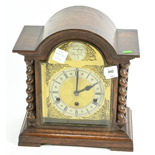 442 - Tempus Fugit mantle clock with pendulum and key 34cm by 19cm x 38cm