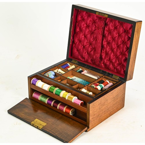 522 - Haberdashery box with threads and needles and pinking shears, 34cm by 26cm 17cm