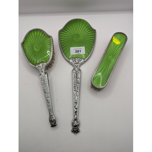 281 - Art Deco style green enamel and chrome three piece dressing table set