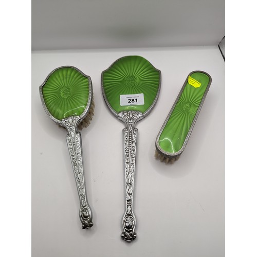 281 - Art Deco style green enamel and chrome three piece dressing table set