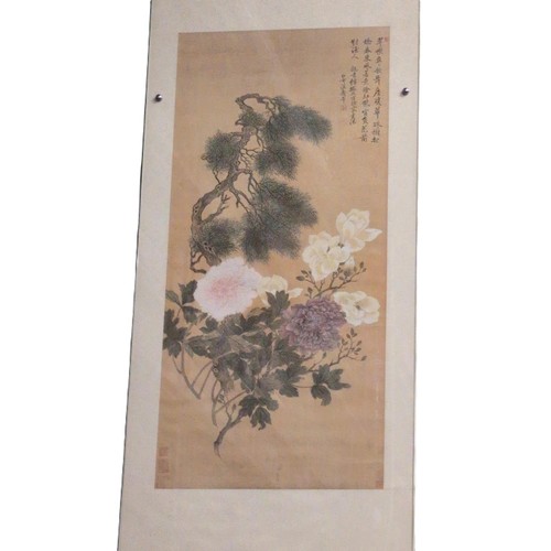 1 - Painted floral Chinese scroll with and characters 52.5cm x 170cm