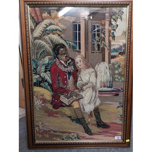 26 - Framed tapestry of gentlemen reading to a child. 68cm x 93cm