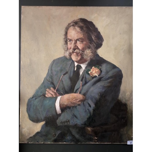 27 - Oil on canvas portrait of a mustachioed gentleman, believed to be Harry Wheatcroft. 63cm x 76cm