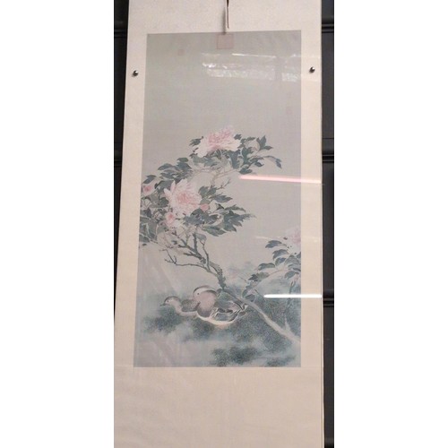 2 - Painted floral Chinese scroll with ducks and peonies characters 52.5cm x 170cm.