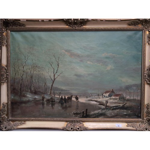 30 - Oil on canvas of a wintery landscape with figures. Signed lower left (illegible).