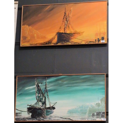 4 - Two mid century oil on board paintings of ships in harbour. 93cm x 47cm.