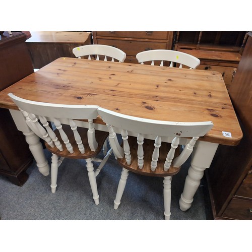 500 - Pine kitchen table with 4 chairs 81cm by 135cm by 77cm