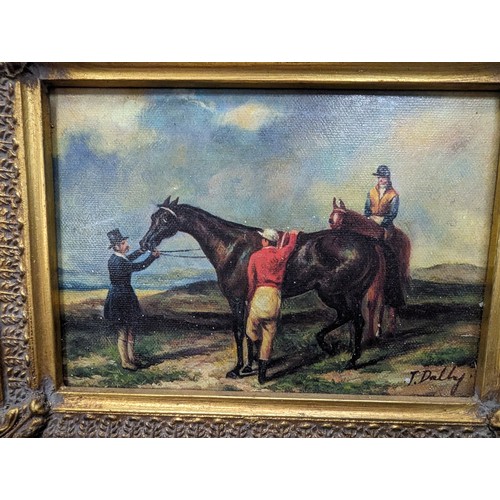 17A - Small print of an equestrian scene in an ornate gilt frame 29 x 23cm