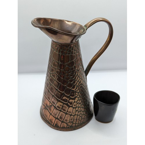 350 - Joseph Sankey reptile skin style water jug, height 22cm, & a horn beaker / shaker