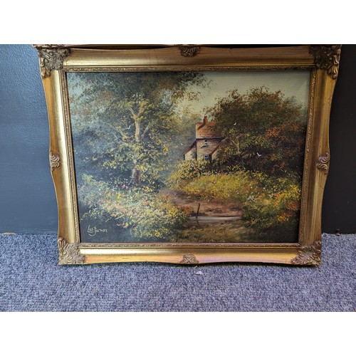 21A - 2x gilt framed oil paintings country landscapes Les Parson 47cm x 37cm