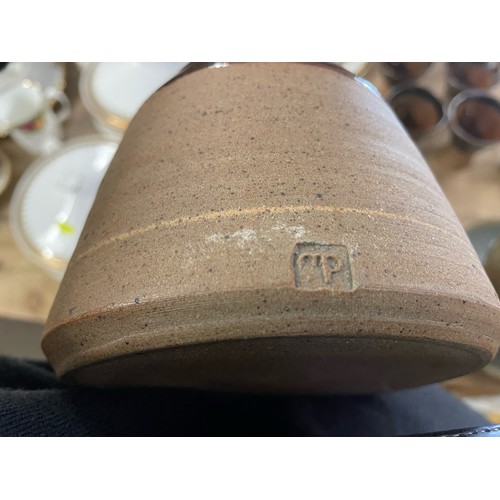 356 - Muchelney stoneware jug together with a tapped flagon, 6 goblets, planter and tray.