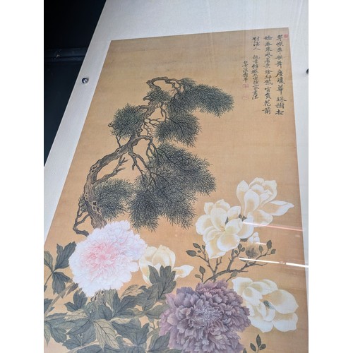 1 - Painted floral Chinese scroll with and characters 52.5cm x 170cm