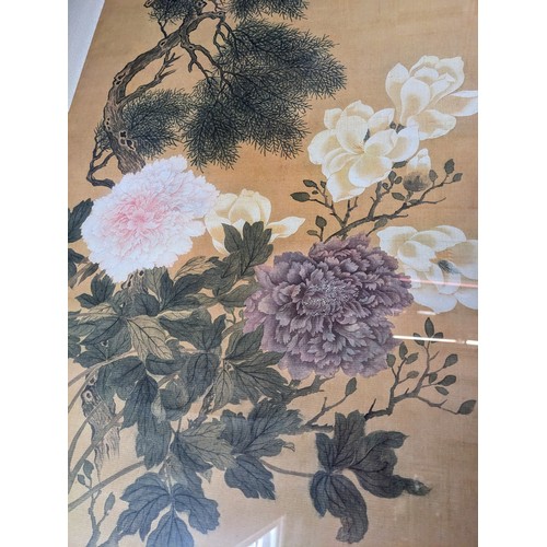 1 - Painted floral Chinese scroll with and characters 52.5cm x 170cm