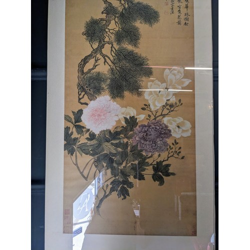 1 - Painted floral Chinese scroll with and characters 52.5cm x 170cm