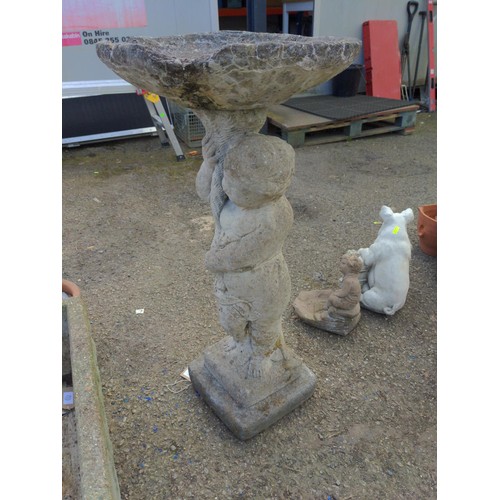 30 - Concrete cherub bird bath with some areas of loss to the bath D41cm x H81cm