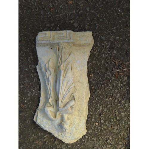 36 - 2 x concrete garden items inc wall plaque together with four garden ornaments, tallest 39cm