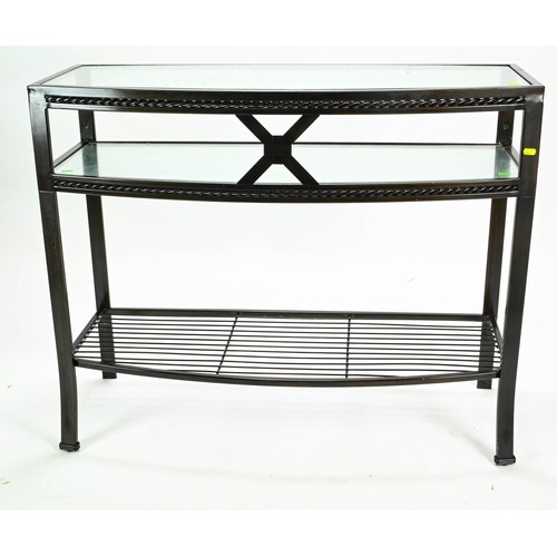 109 - Curved front modern console table, metal framed with two glass shelves W105 x D44 x H84cm