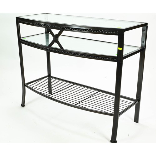 109 - Curved front modern console table, metal framed with two glass shelves W105 x D44 x H84cm