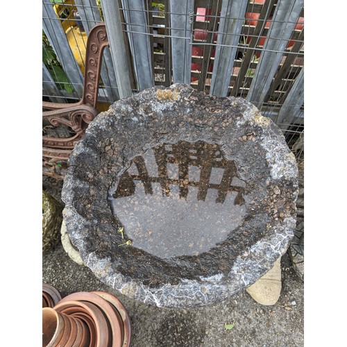 30 - Concrete cherub bird bath with some areas of loss to the bath D41cm x H81cm