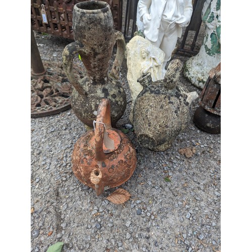 36 - 2 x concrete garden items inc wall plaque together with four garden ornaments, tallest 39cm