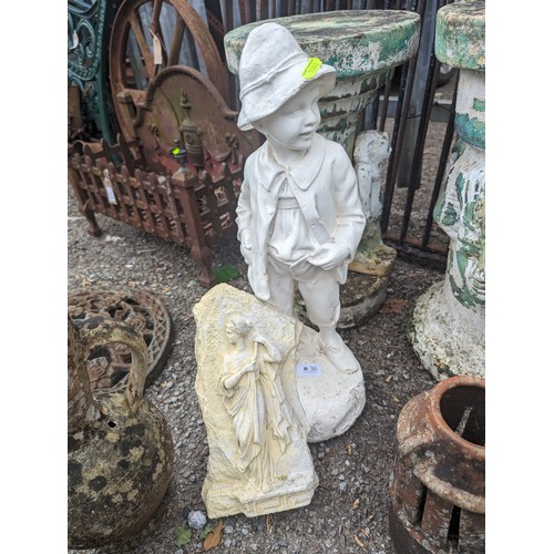 36 - 2 x concrete garden items inc wall plaque together with four garden ornaments, tallest 39cm