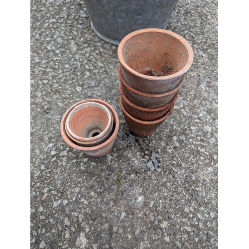 107 - Galvanized bucket with quantity of small terracotta pots