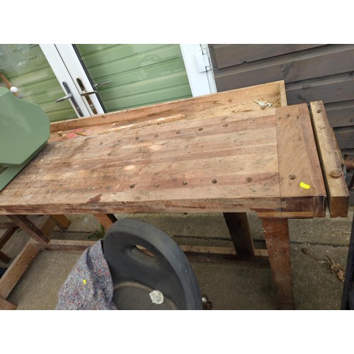 206 - Large wooden work bench with two different vices