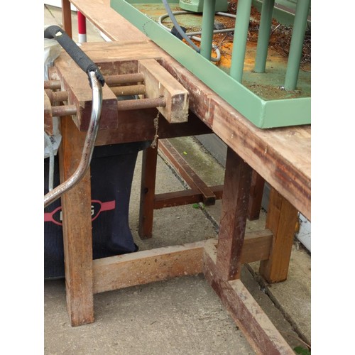 206 - Large wooden work bench with two different vices