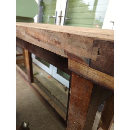 206 - Large wooden work bench with two different vices