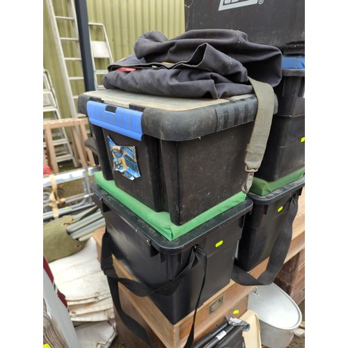 228 - Four fishing boxes/seats, one plastic fishing accessories box and a canvas kit bag