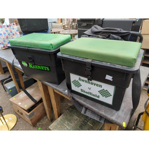 228 - Four fishing boxes/seats, one plastic fishing accessories box and a canvas kit bag