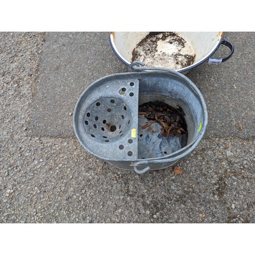 60 - Galvanized mop bucket and enamelled twin handled pot