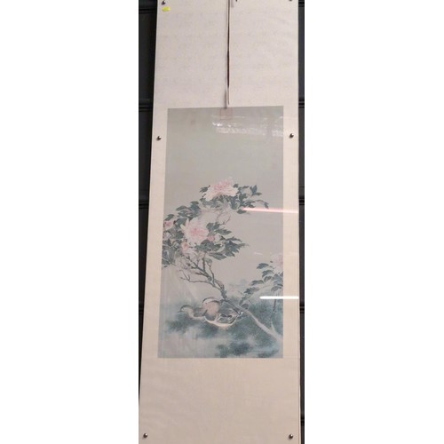 755 - Painted floral Chinese scroll with ducks and peonies characters 52.5cm x 170cm.