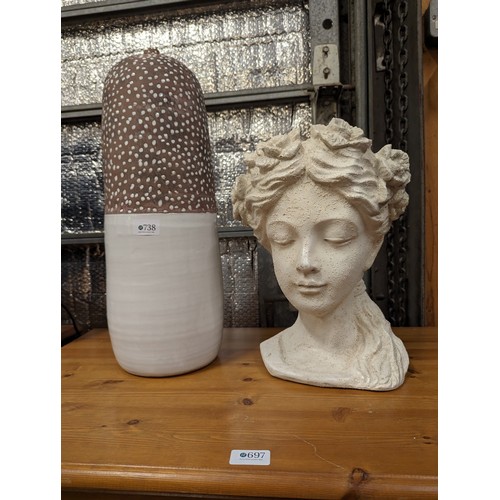 738 - Modern studio style glazed vase + plastic female bust flower pot 